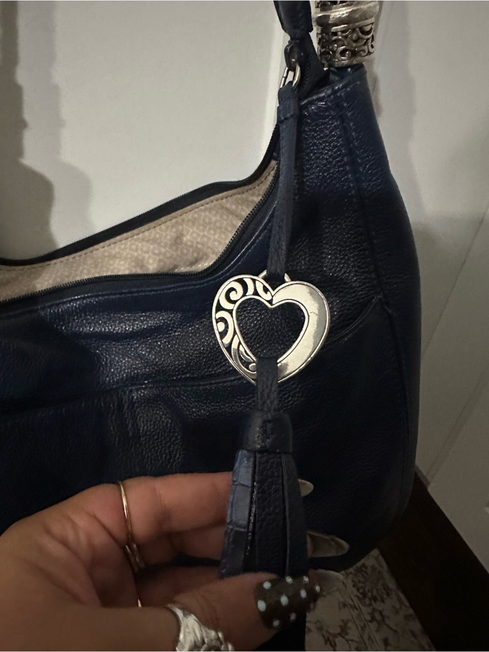 Brighton Navy Braided-Handle Leather Hobo with Heart Charm - Picture 3 of 8